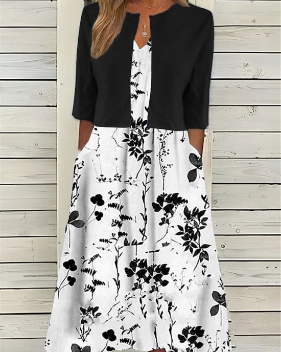 Two Piece Dress Set Casual Dress Print Dress Daily Vacation Fashion Elegant Pocket Print Midi Dress Crew Neck Half Sleeve Floral Regular Fit Black Navy Blue Green Summer Spring S M L XL XXL – PRYCUS MITCHELL INC