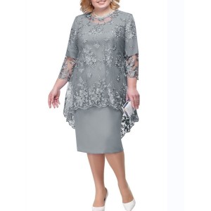 Plus Size Curve Wedding Guest Dress Lace A Line Dress Floral Round Neck Lace 3/4 Length Sleeve Spring Summer Casual Mother??s Day Knee Length Dress Daily Holiday Dress – PRYCUS MITCHELL INC