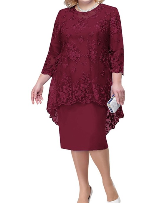 Plus Size Curve Wedding Guest Dress Lace A Line Dress Floral Round Neck Lace 3/4 Length Sleeve Spring Summer Casual Mother??s Day Knee Length Dress Daily Holiday Dress – PRYCUS MITCHELL INC