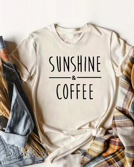 Sunshine & Coffee Print T-shirt, Casual Crew Neck Short Sleeve Top For Spring & Summer, Women’s Clothing – PRYCUS MITCHELL INC