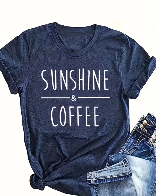 Sunshine & Coffee Print T-shirt, Casual Crew Neck Short Sleeve Top For Spring & Summer, Women’s Clothing – PRYCUS MITCHELL INC