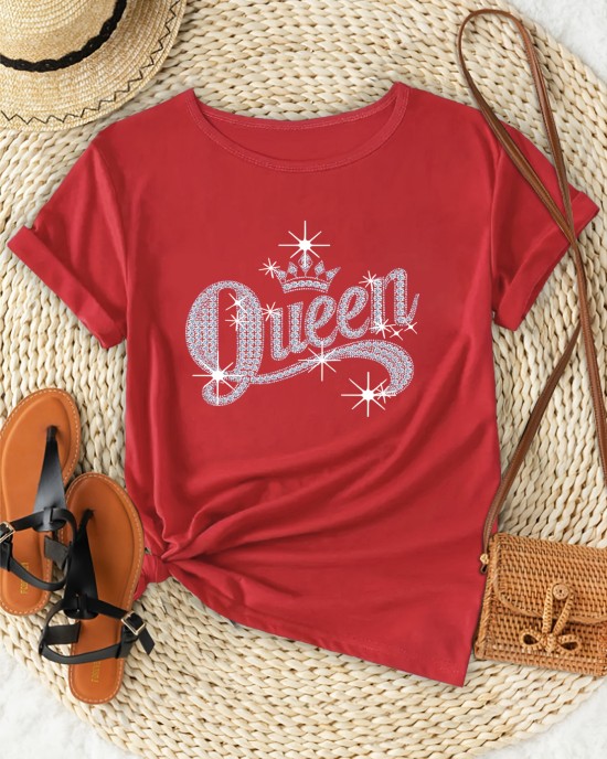 Crown & Queen Letter Print Casual T-Shirt, Round Neck Short Sleeves Sports Tee, Women’s Comfy Tops – PRYCUS MITCHELL INC