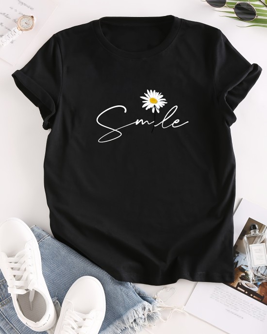 Flower & Letter Print Crew Neck T-Shirt, Casual Short Sleeve T-Shirt For Spring & Summer, Women’s Clothing – PRYCUS MITCHELL INC