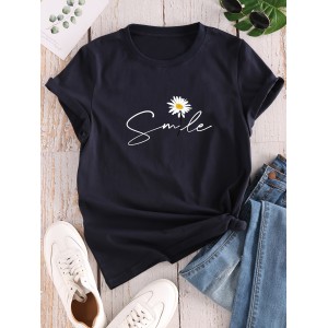 Flower & Letter Print Crew Neck T-Shirt, Casual Short Sleeve T-Shirt For Spring & Summer, Women’s Clothing – PRYCUS MITCHELL INC