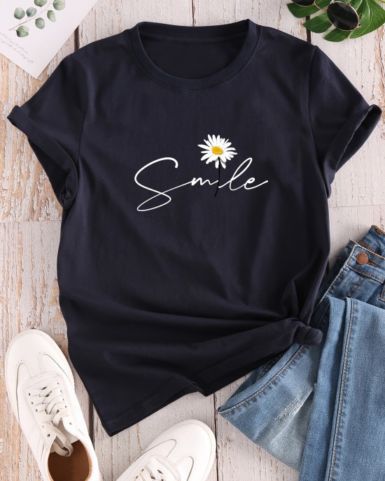 Flower & Letter Print Crew Neck T-Shirt, Casual Short Sleeve T-Shirt For Spring & Summer, Women’s Clothing – PRYCUS MITCHELL INC