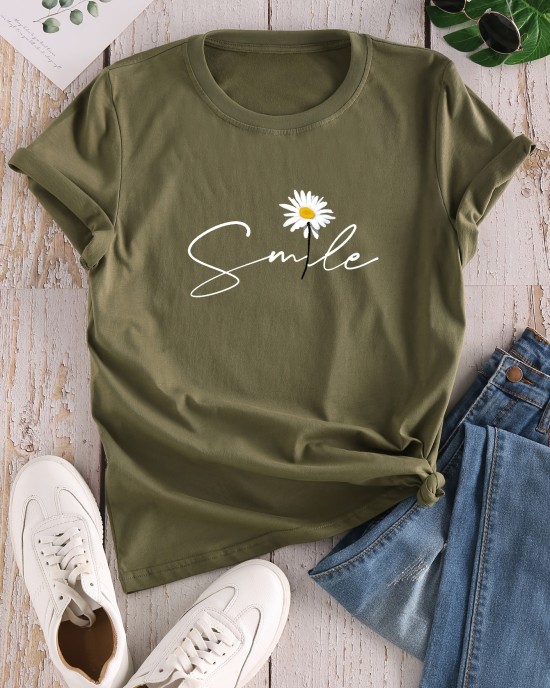 Flower & Letter Print Crew Neck T-Shirt, Casual Short Sleeve T-Shirt For Spring & Summer, Women’s Clothing – PRYCUS MITCHELL INC