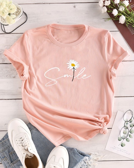 Flower & Letter Print Crew Neck T-Shirt, Casual Short Sleeve T-Shirt For Spring & Summer, Women’s Clothing – PRYCUS MITCHELL INC