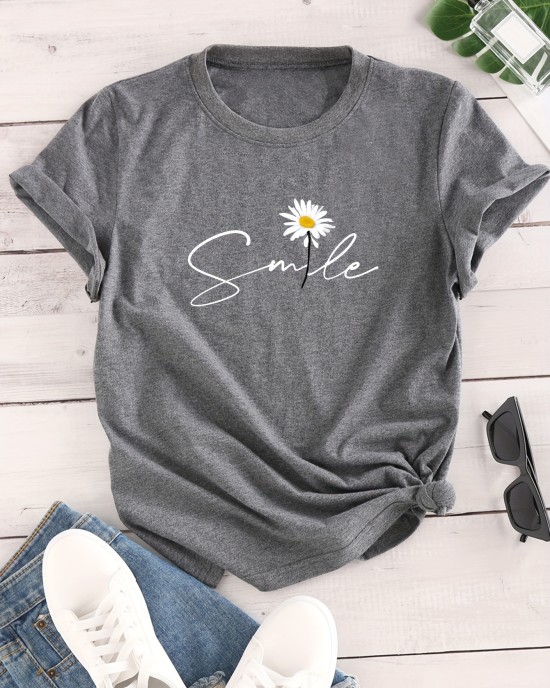 Flower & Letter Print Crew Neck T-Shirt, Casual Short Sleeve T-Shirt For Spring & Summer, Women’s Clothing – PRYCUS MITCHELL INC