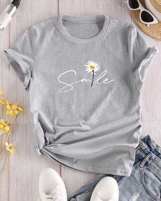 Flower & Letter Print Crew Neck T-Shirt, Casual Short Sleeve T-Shirt For Spring & Summer, Women’s Clothing – PRYCUS MITCHELL INC