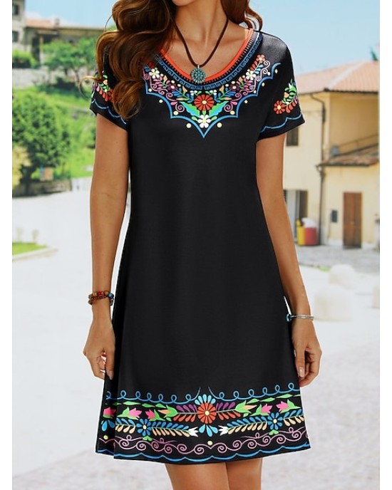 Casual Dress Ethnic Dress Shift Dress Mini Dress Black White Light Green Short Sleeve Floral Print Spring Summer Crew Neck Basic Daily Vacation Loose Fit 2023 S M L XL XXL – PRYCUS MITCHELL INC