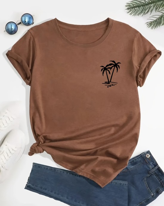 Coconut Tree Print Crew Neck T-shirt, Casual Loose Short Sleeve Fashion Summer T-Shirts Tops, Women’s Clothing – PRYCUS MITCHELL INC