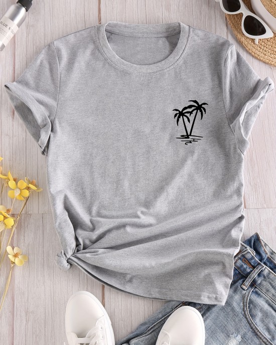 Coconut Tree Print Crew Neck T-shirt, Casual Loose Short Sleeve Fashion Summer T-Shirts Tops, Women’s Clothing – PRYCUS MITCHELL INC