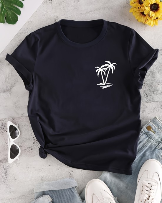 Coconut Tree Print Crew Neck T-shirt, Casual Loose Short Sleeve Fashion Summer T-Shirts Tops, Women’s Clothing – PRYCUS MITCHELL INC