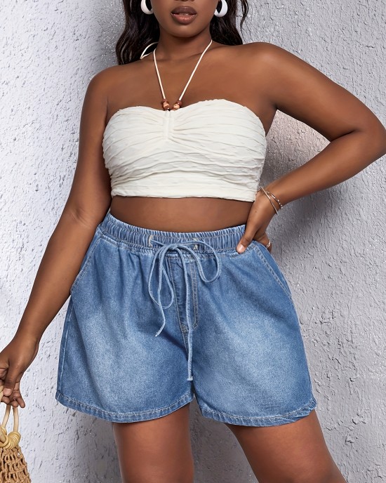 Plus Size Casual Denim Shorts, Women’s Plus Solid Elastic Drawstring High Rise Loose Fit Denim Shorts – PRYCUS MITCHELL INC