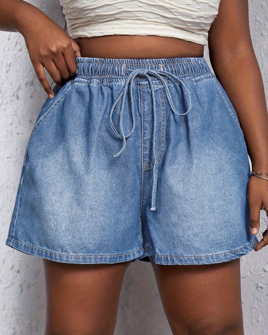 Plus Size Casual Denim Shorts, Women’s Plus Solid Elastic Drawstring High Rise Loose Fit Denim Shorts – PRYCUS MITCHELL INC