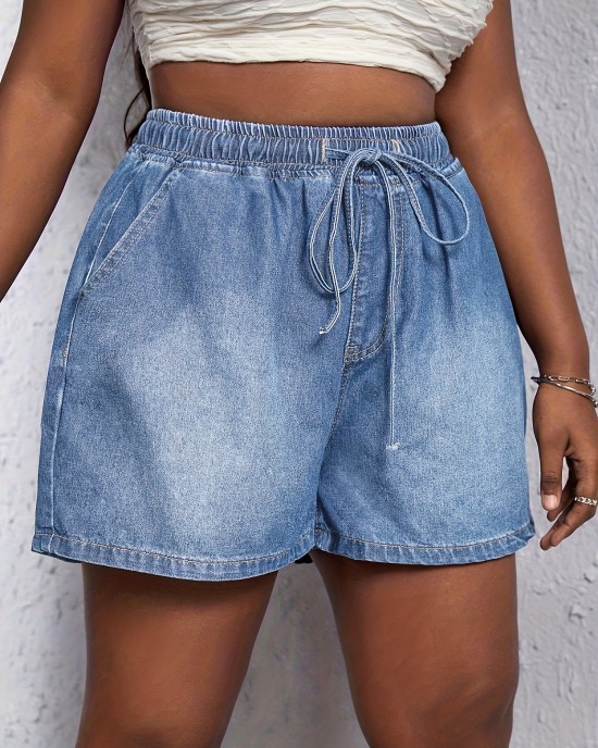 Plus Size Casual Denim Shorts, Women’s Plus Solid Elastic Drawstring High Rise Loose Fit Denim Shorts – PRYCUS MITCHELL INC