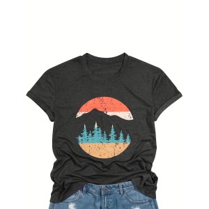 Casual Forest & Sun Print T-shirt – All-Season, Comfy Crew Neck, Versatile Geo-Pattern, Easy-Care Fabric – PRYCUS MITCHELL INC