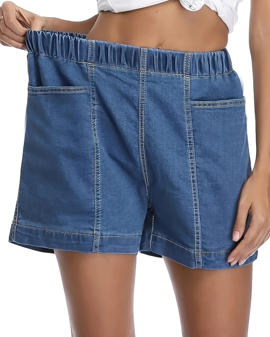 Women’s Stylish Denim Shorts, Casual Sporty Style, Elastic Waist, Comfort Fit, With Pockets, Versatile Summer Wear – PRYCUS MITCHELL INC