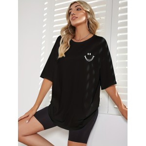 Oversized Smiling Face Print Crew Neck T-Shirt, Casual Drop Shoulder Top For Spring & Summer, Women’s Clothing – PRYCUS MITCHELL INC