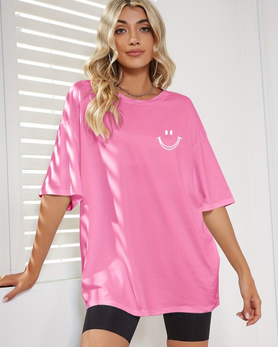 Oversized Smiling Face Print Crew Neck T-Shirt, Casual Drop Shoulder Top For Spring & Summer, Women’s Clothing – PRYCUS MITCHELL INC