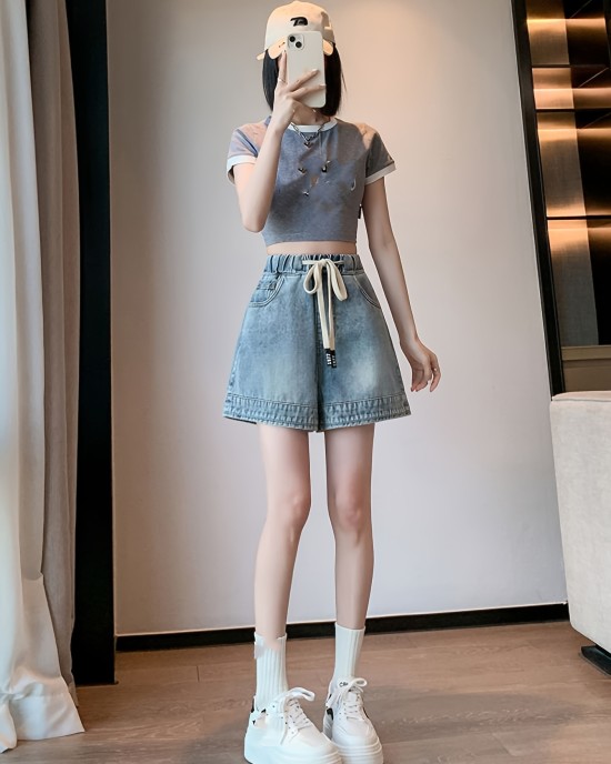 Women’s Elastic High Waist Denim Shorts, Casual Style, Versatile Wide-Leg Denim Shorts For Leisure – PRYCUS MITCHELL INC