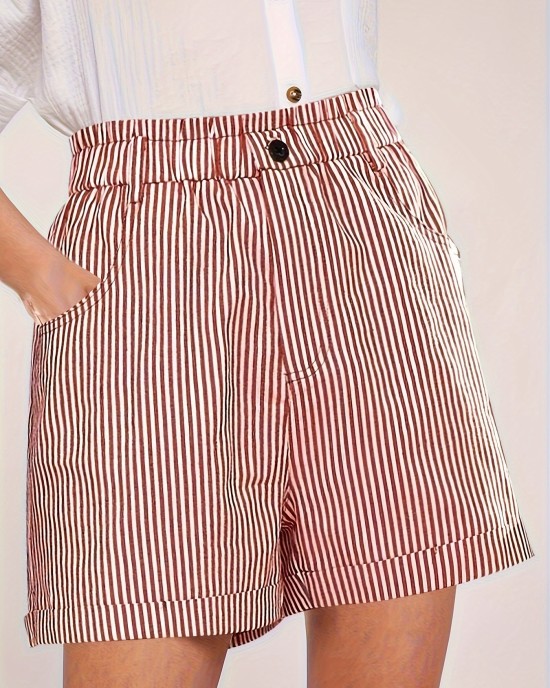 Plus Size Striped Print Pockets Shorts, Casual Buttons Shorts For Spring & Summer, Women’s Plus SizeClothing – PRYCUS MITCHELL INC