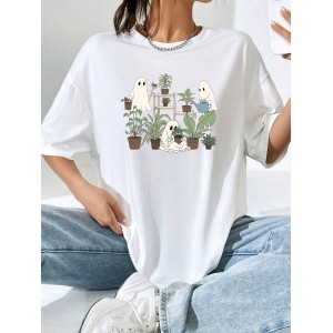 Women’s Summer Ghost & Plant Graphic Tee – Casual Crew Neck Knit Top, Stretchy & Durable, Perfect for Halloween – PRYCUS MITCHELL INC