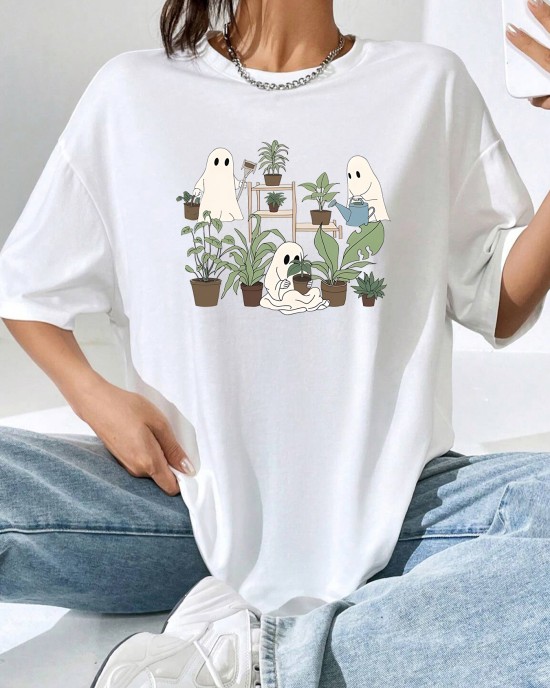 Women’s Summer Ghost & Plant Graphic Tee – Casual Crew Neck Knit Top, Stretchy & Durable, Perfect for Halloween – PRYCUS MITCHELL INC