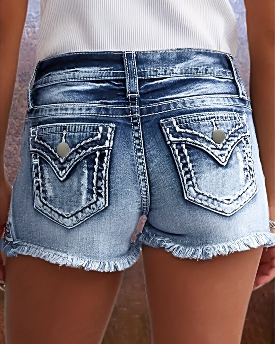 Embroidered Pockets Washed Denim Shorts, Raw Hem Slash Pockets Short Denim Pants, Women’s Denim Jeans & Clothing – PRYCUS MITCHELL INC