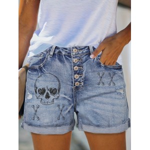 Plus Size Gothic Punk Denim Shorts – Skull Print High Stretch Fabric, Trendy Single-breasted Design with Ripped Roll Up Hem – Casual Wear for Edgy Fashion – PRYCUS MITCHELL INC