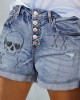 Plus Size Gothic Punk Denim Shorts – Skull Print High Stretch Fabric, Trendy Single-breasted Design with Ripped Roll Up Hem – Casual Wear for Edgy Fashion – PRYCUS MITCHELL INC