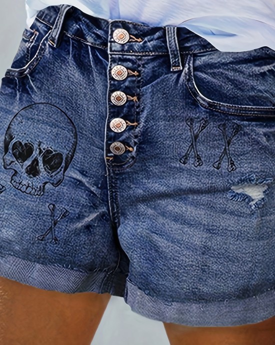 Plus Size Gothic Punk Denim Shorts – Skull Print High Stretch Fabric, Trendy Single-breasted Design with Ripped Roll Up Hem – Casual Wear for Edgy Fashion – PRYCUS MITCHELL INC