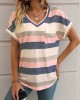 Striped Print V Neck Pocket T-Shirt, Casual Short Sleeve T-Shirt For Spring & Summer, Women’s Clothing – PRYCUS MITCHELL INC