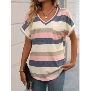 Striped Print V Neck Pocket T-Shirt, Casual Short Sleeve T-Shirt For Spring & Summer, Women’s Clothing – PRYCUS MITCHELL INC