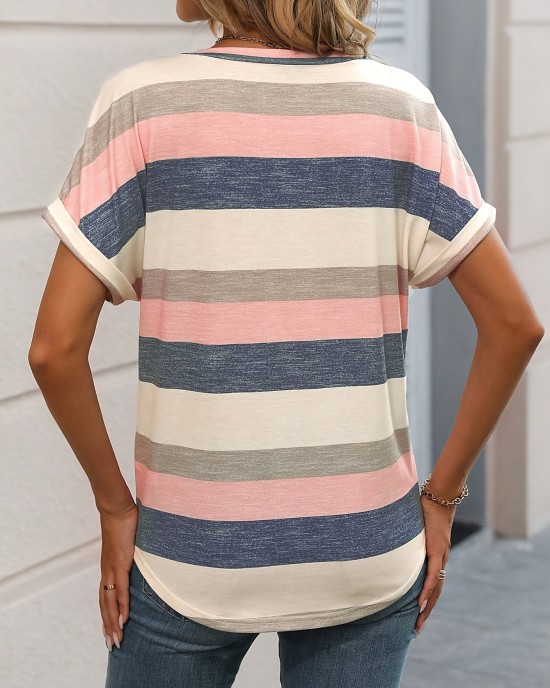 Striped Print V Neck Pocket T-Shirt, Casual Short Sleeve T-Shirt For Spring & Summer, Women’s Clothing – PRYCUS MITCHELL INC