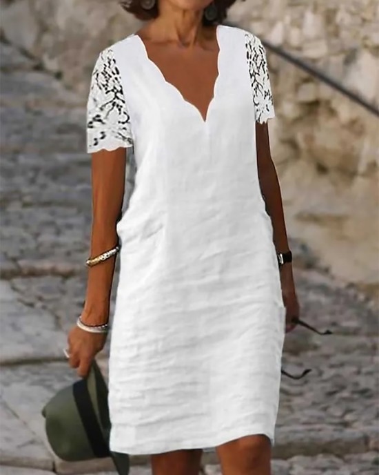 Casual Dress Cotton Linen Dress Shift Dress Midi Dress Cotton Blend Modern Casual Outdoor Daily Vacation V Neck Lace Eyelet Short Sleeve Summer Spring 2023 Regular Fit White Plain S M L XL 2XL – PRYCUS MITCHELL INC