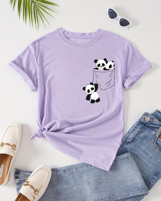 Panda Print Crew Neck T-Shirt, Casual Short Sleeve T-Shirt For Spring & Summer, Women’s Clothing – PRYCUS MITCHELL INC