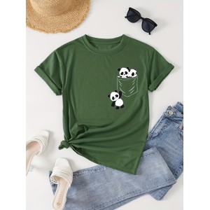 Panda Print Crew Neck T-Shirt, Casual Short Sleeve T-Shirt For Spring & Summer, Women’s Clothing – PRYCUS MITCHELL INC