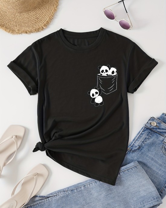 Panda Print Crew Neck T-Shirt, Casual Short Sleeve T-Shirt For Spring & Summer, Women’s Clothing – PRYCUS MITCHELL INC