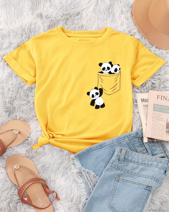 Panda Print Crew Neck T-Shirt, Casual Short Sleeve T-Shirt For Spring & Summer, Women’s Clothing – PRYCUS MITCHELL INC