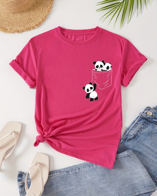 Panda Print Crew Neck T-Shirt, Casual Short Sleeve T-Shirt For Spring & Summer, Women’s Clothing – PRYCUS MITCHELL INC