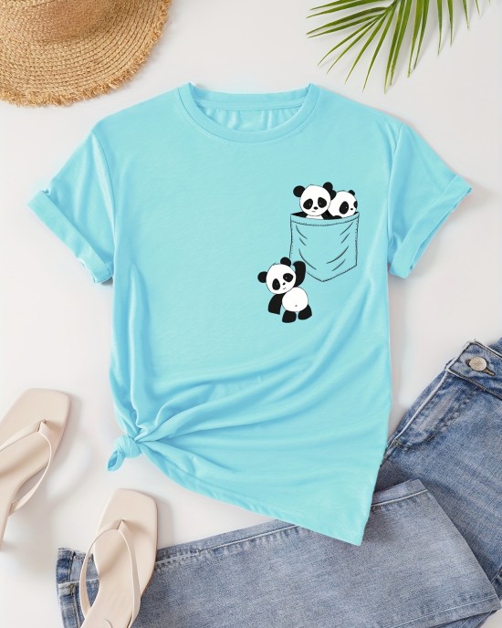 Panda Print Crew Neck T-Shirt, Casual Short Sleeve T-Shirt For Spring & Summer, Women’s Clothing – PRYCUS MITCHELL INC