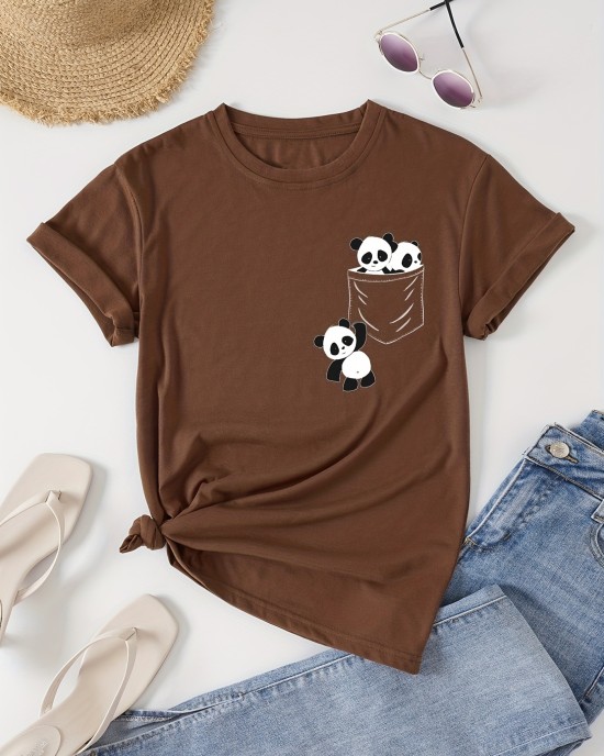 Panda Print Crew Neck T-Shirt, Casual Short Sleeve T-Shirt For Spring & Summer, Women’s Clothing – PRYCUS MITCHELL INC