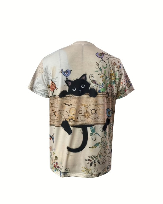 Cute Cat Print Crew Neck T-Shirt, Casual Short Sleeve T-Shirt For Spring & Summer, Women’s Clothing – PRYCUS MITCHELL INC