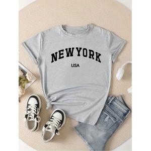 New York & USA Letter Graphic Casual Sports T-shirt, Fashion Short Sleeves Running Workout Tops, Women’s Activewear – PRYCUS MITCHELL INC