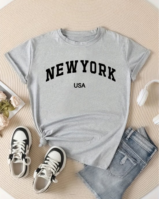 New York & USA Letter Graphic Casual Sports T-shirt, Fashion Short Sleeves Running Workout Tops, Women’s Activewear – PRYCUS MITCHELL INC