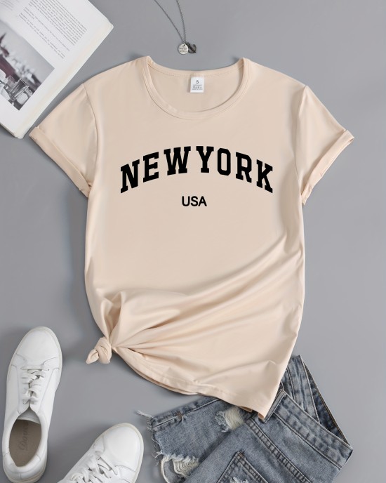 New York & USA Letter Graphic Casual Sports T-shirt, Fashion Short Sleeves Running Workout Tops, Women’s Activewear – PRYCUS MITCHELL INC