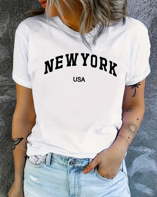 New York & USA Letter Graphic Casual Sports T-shirt, Fashion Short Sleeves Running Workout Tops, Women’s Activewear – PRYCUS MITCHELL INC