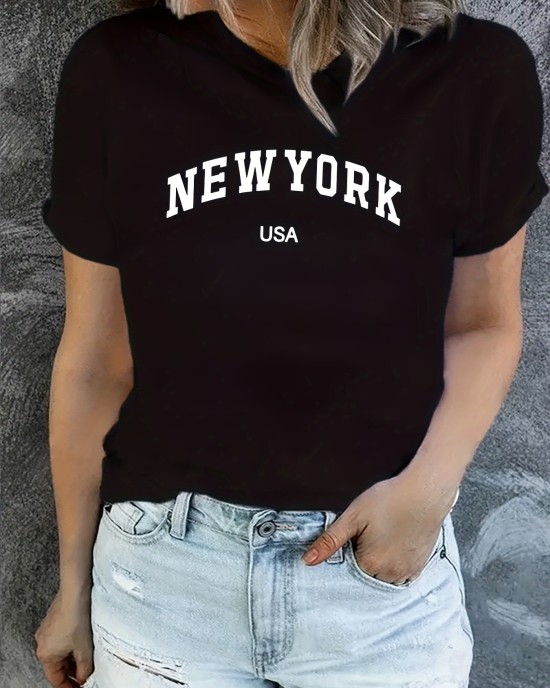 New York & USA Letter Graphic Casual Sports T-shirt, Fashion Short Sleeves Running Workout Tops, Women’s Activewear – PRYCUS MITCHELL INC