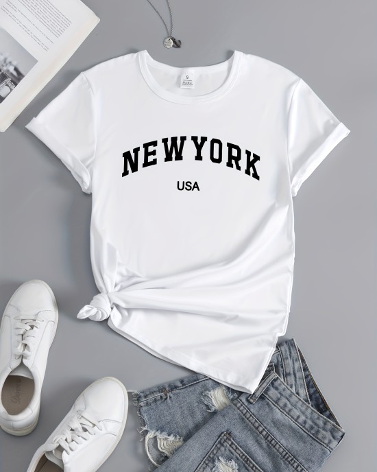 New York & USA Letter Graphic Casual Sports T-shirt, Fashion Short Sleeves Running Workout Tops, Women’s Activewear – PRYCUS MITCHELL INC